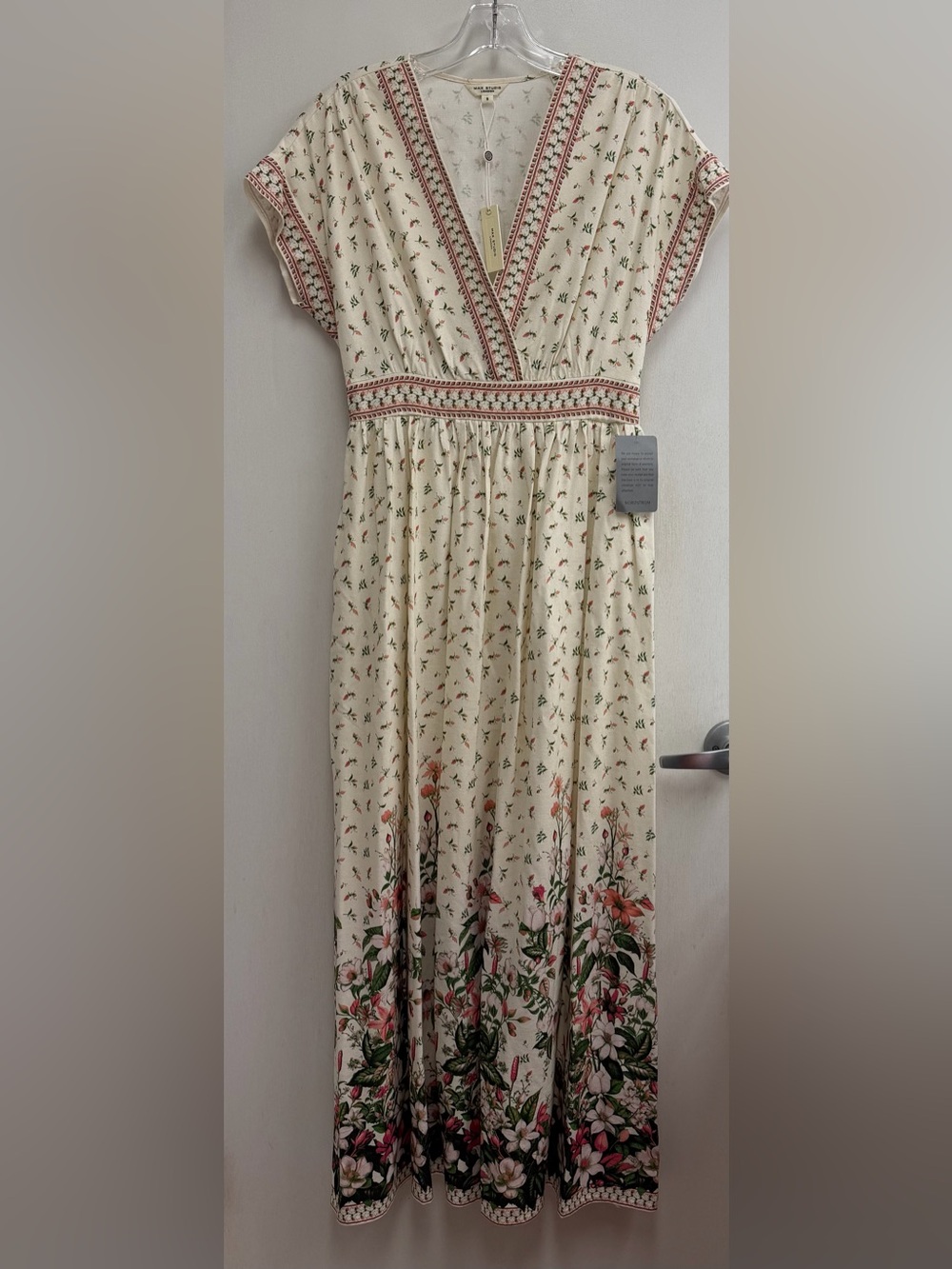 Max Studio Cream Maxi Skirt with Pink & Green Floral Border sz small pockets NWT